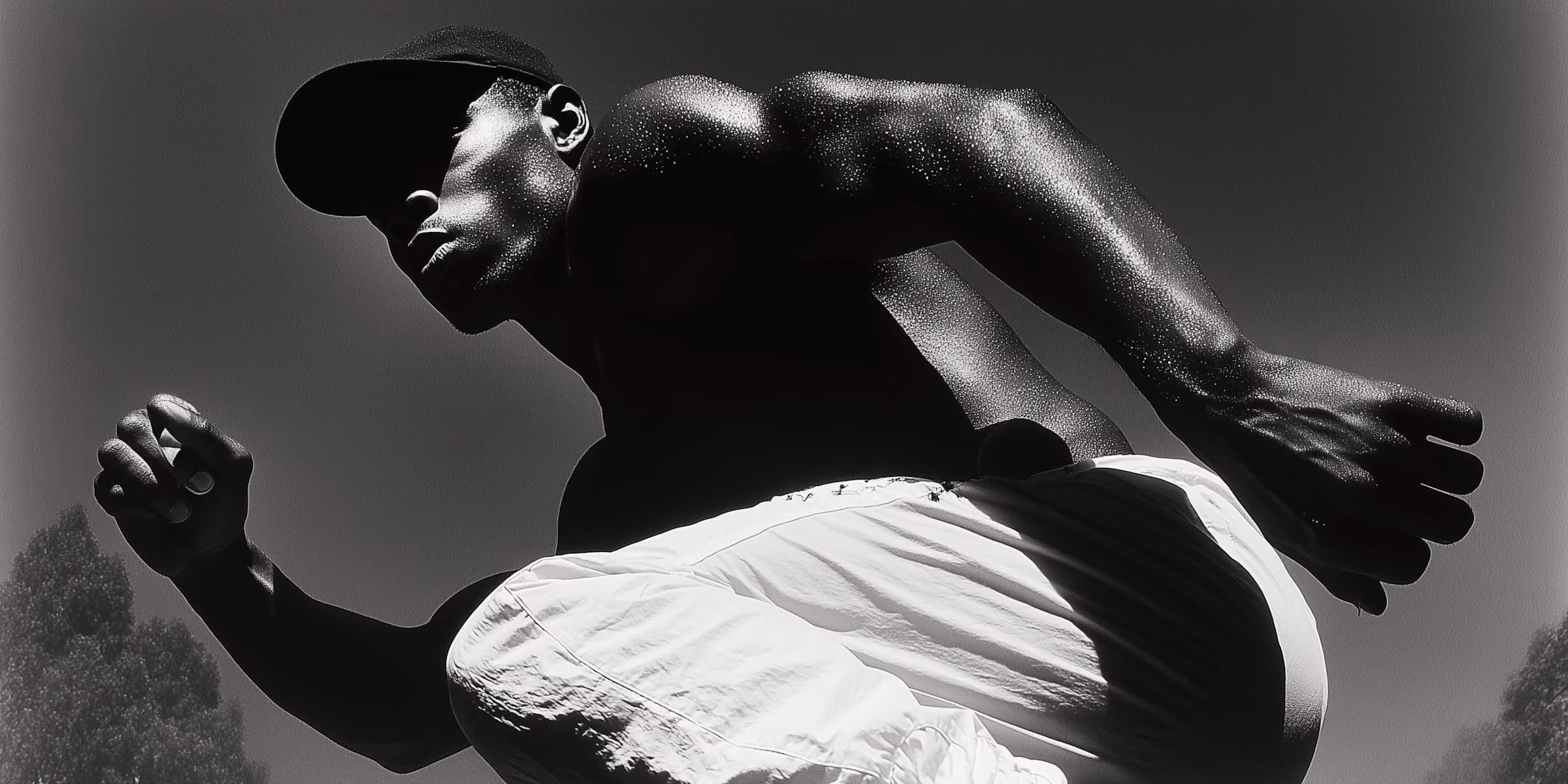 Black and white photo of an athlete running outdoors