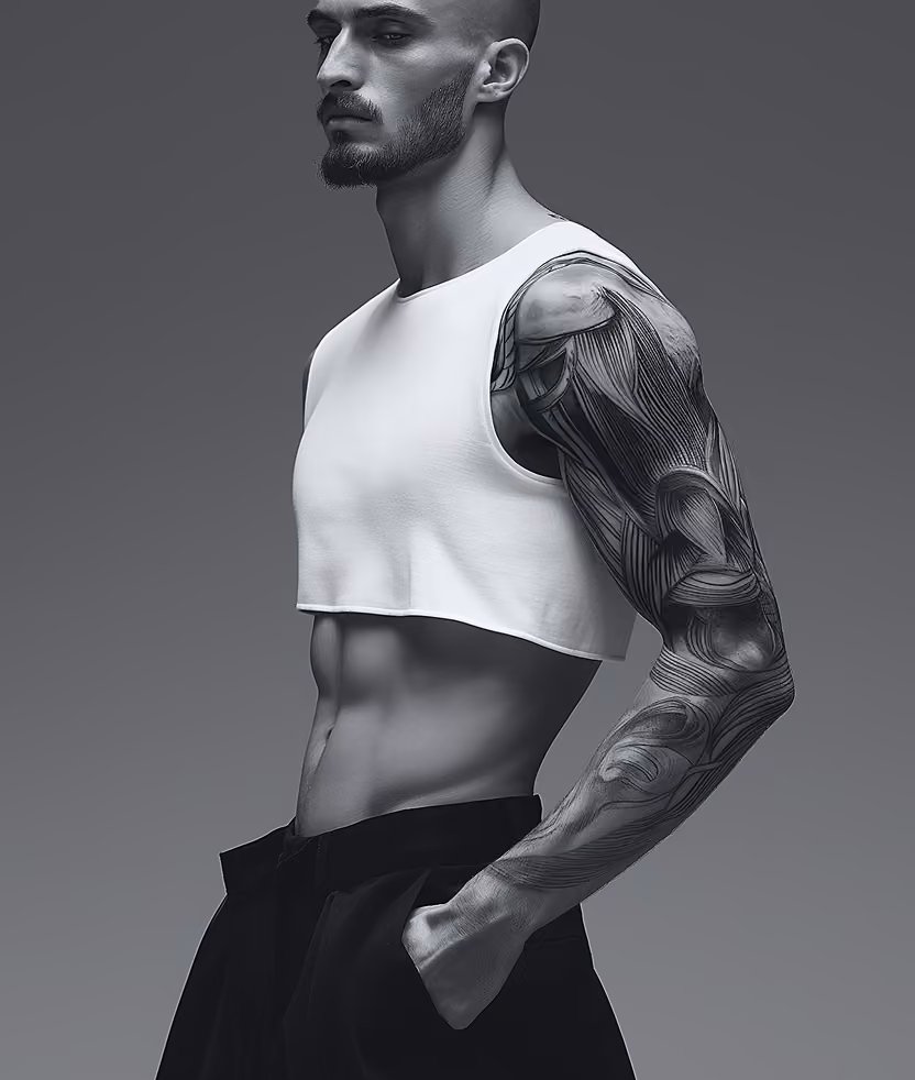 Man in a white training top in a studio